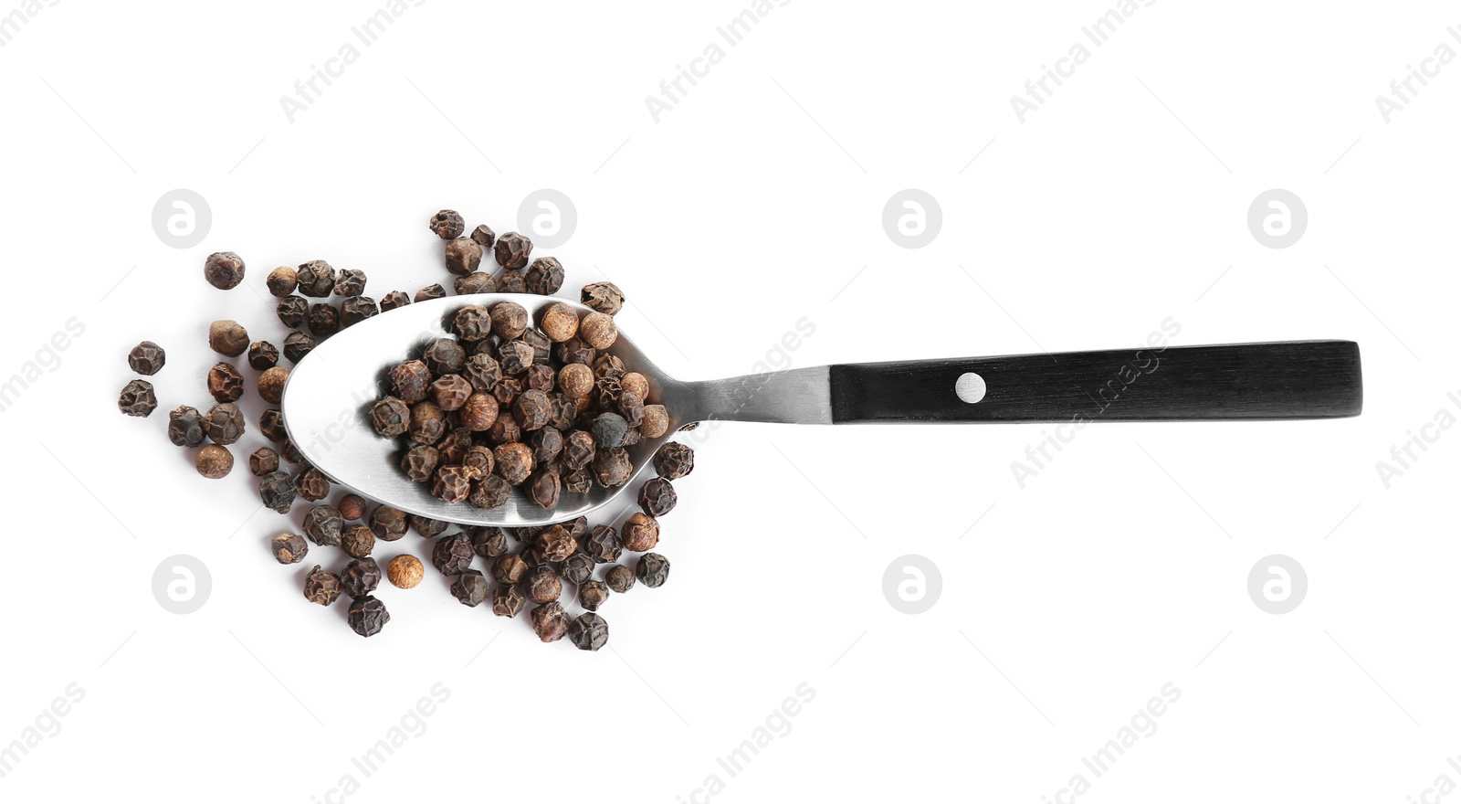 Photo of Spoon of black peppercorns isolated on white, top view