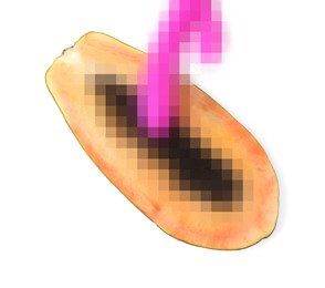 Image of Half of papaya and vibrator on white background, top view. Sex concept
