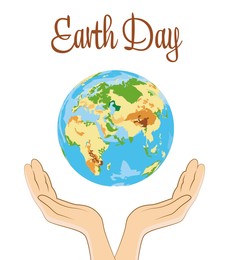 Illustration of Happy Earth Day. Human holding hands near planet on white background, illustration