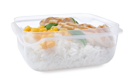Photo of Tasty rice with grilled meat and corn in plastic container isolated on white