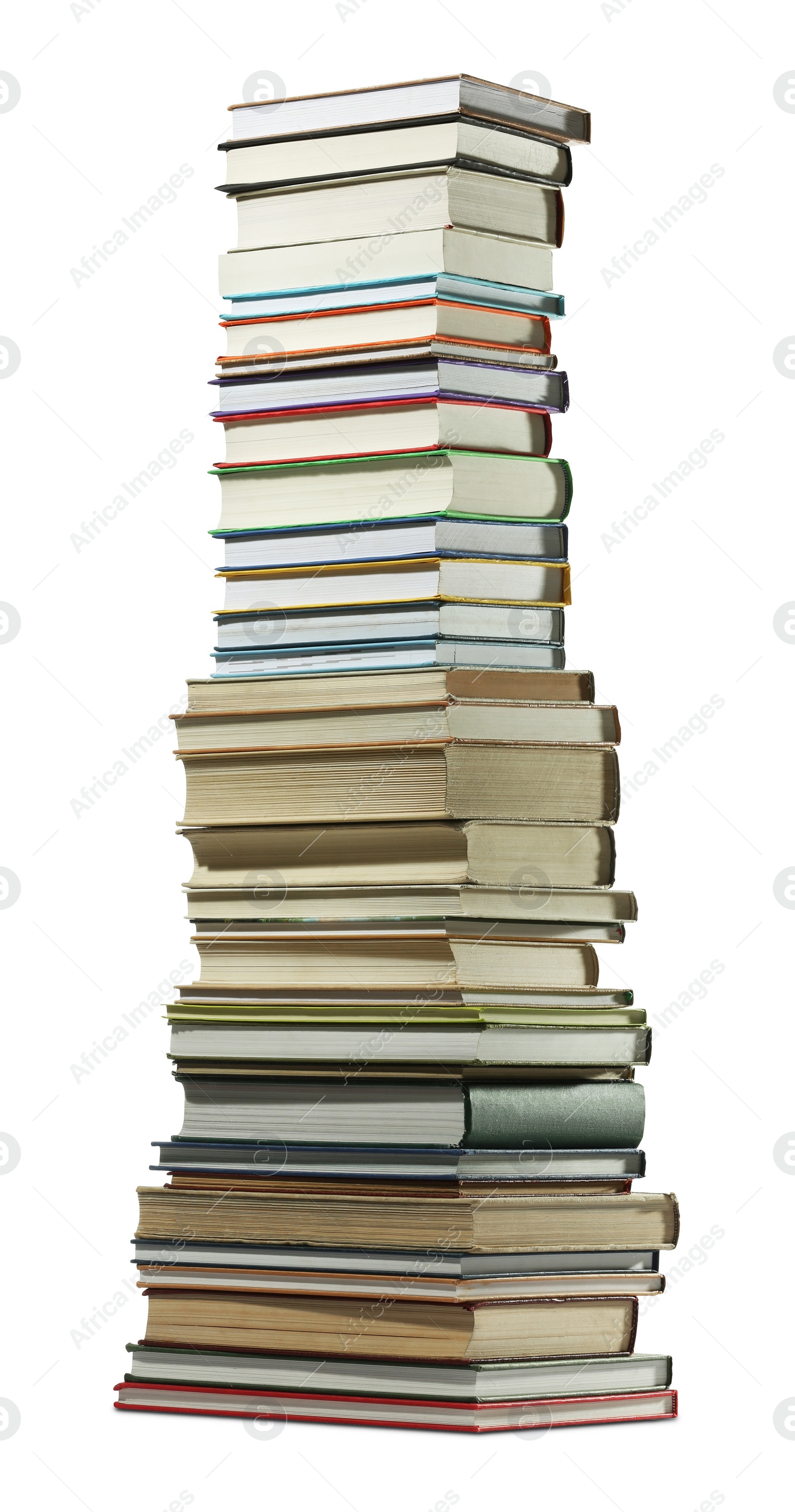 Photo of High stack of many different books isolated on white