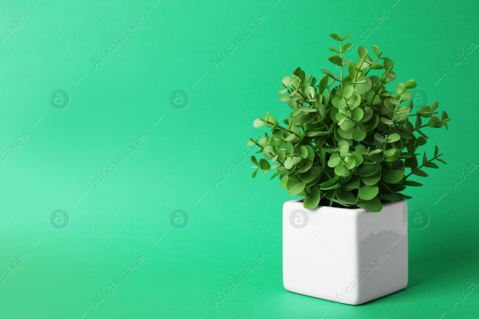 Photo of Beautiful artificial plant in flower pot on green background, space for text