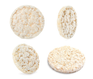 Set of puffed corn cakes on white background