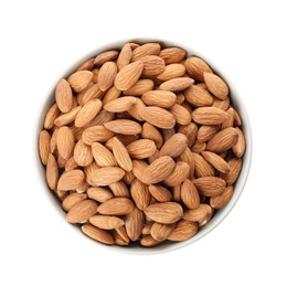 Bowl with organic almond nuts on white background, top view