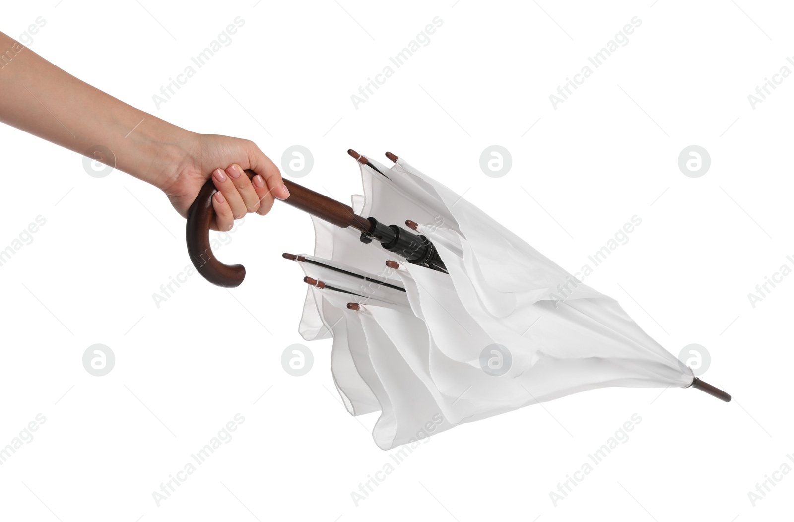 Photo of Woman with closed umbrella on white background, closeup