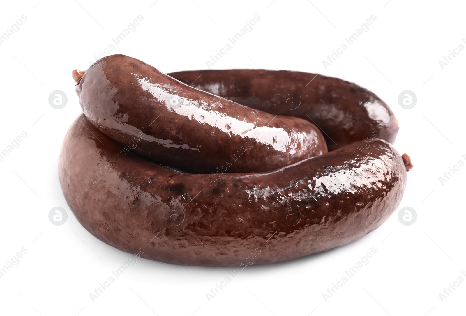 Photo of Whole tasty blood sausages on white background