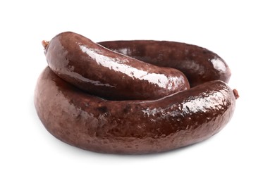 Whole tasty blood sausages on white background