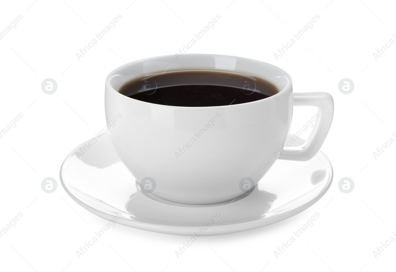 Photo of Ceramic cup with hot aromatic coffee on white background