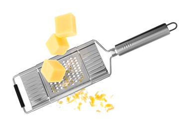 Image of Grating cheese with hand grater in air on white background