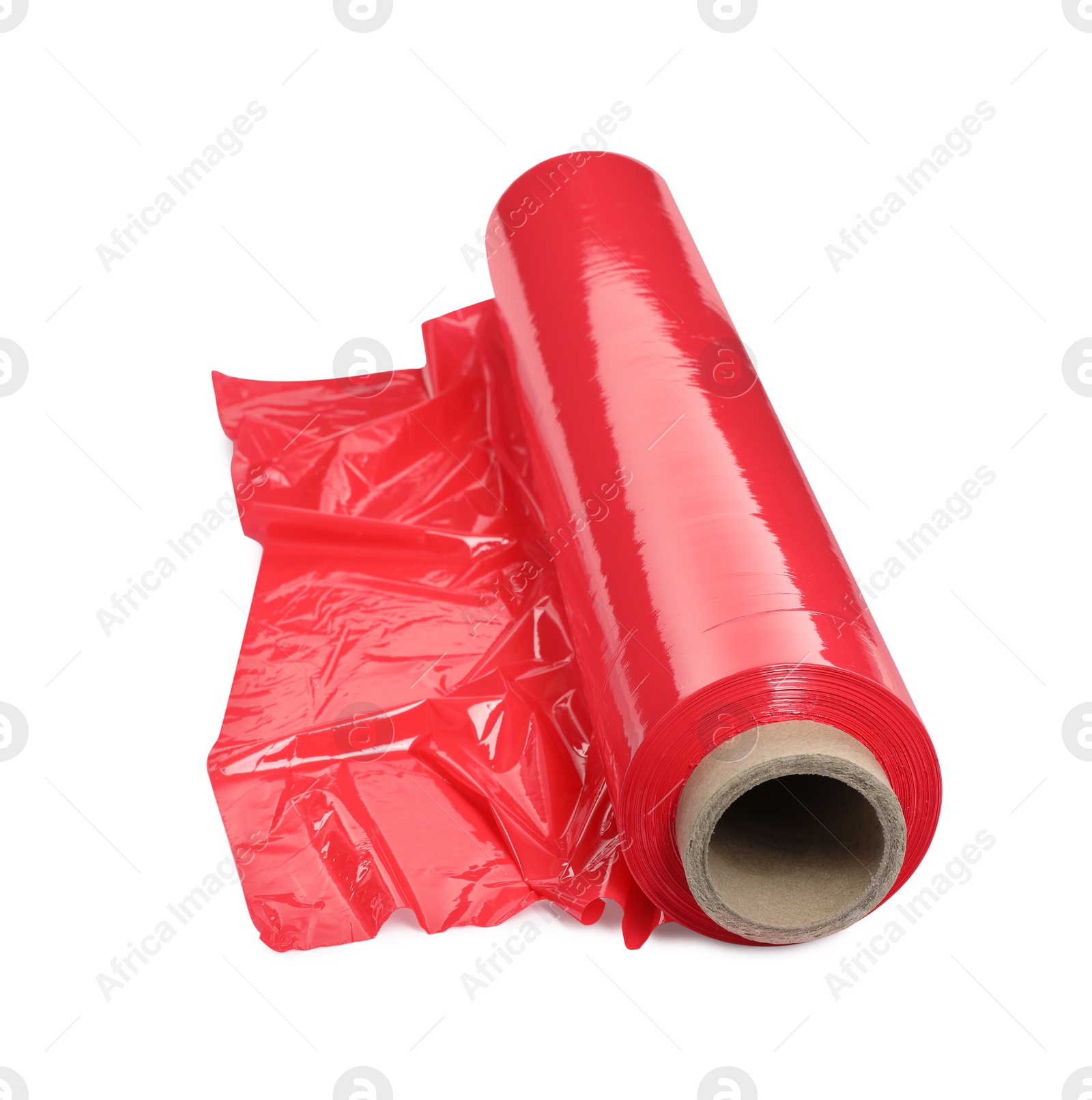 Photo of Roll of red plastic stretch wrap film isolated on white