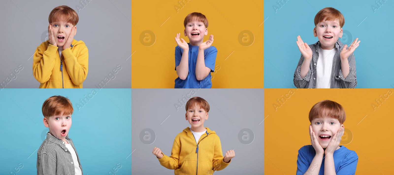 Image of Collage with photos of surprised boy on different color backgrounds