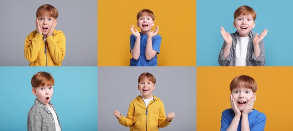 Collage with photos of surprised boy on different color backgrounds
