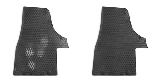 Image of Black rubber car mats with footprints and clean one on white background, collage. Banner design