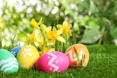 Photo of Colorful Easter eggs and daffodil flowers in green grass