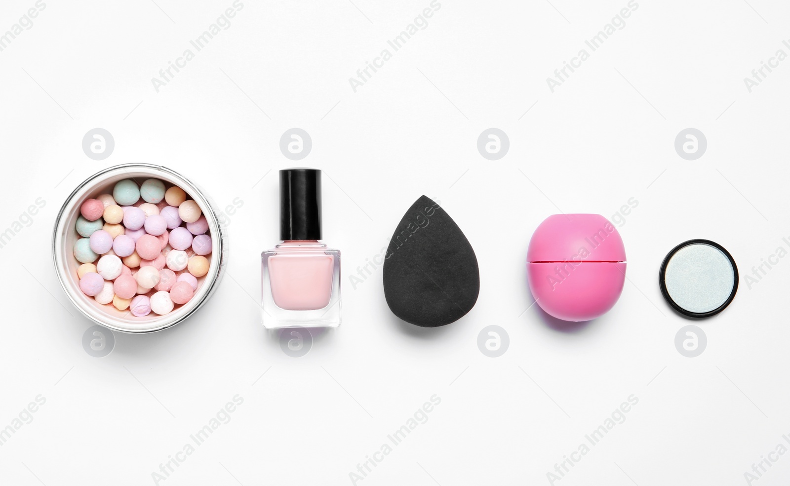 Photo of Set of makeup products on white background, top view