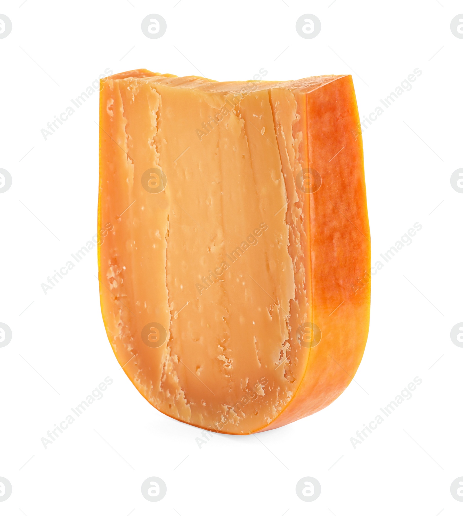 Photo of Piece of tasty mimolette cheese isolated on white