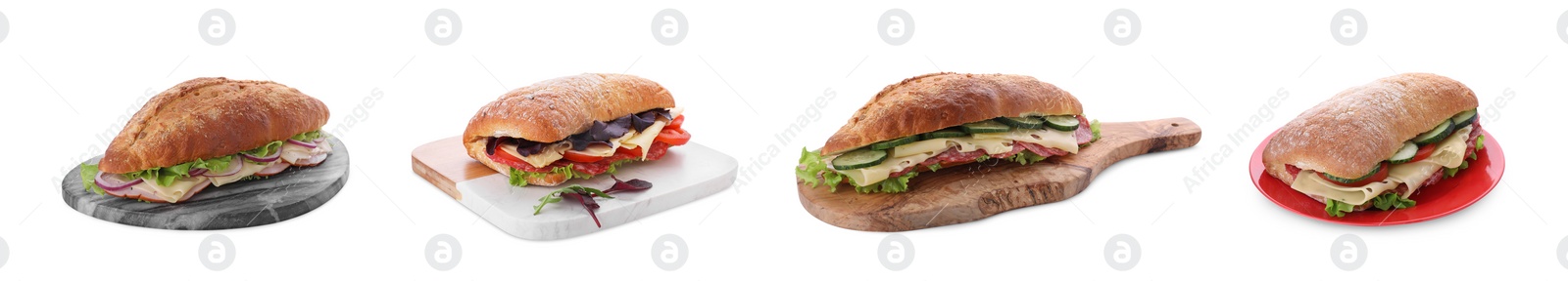 Image of Set with different delicious sandwiches on white background