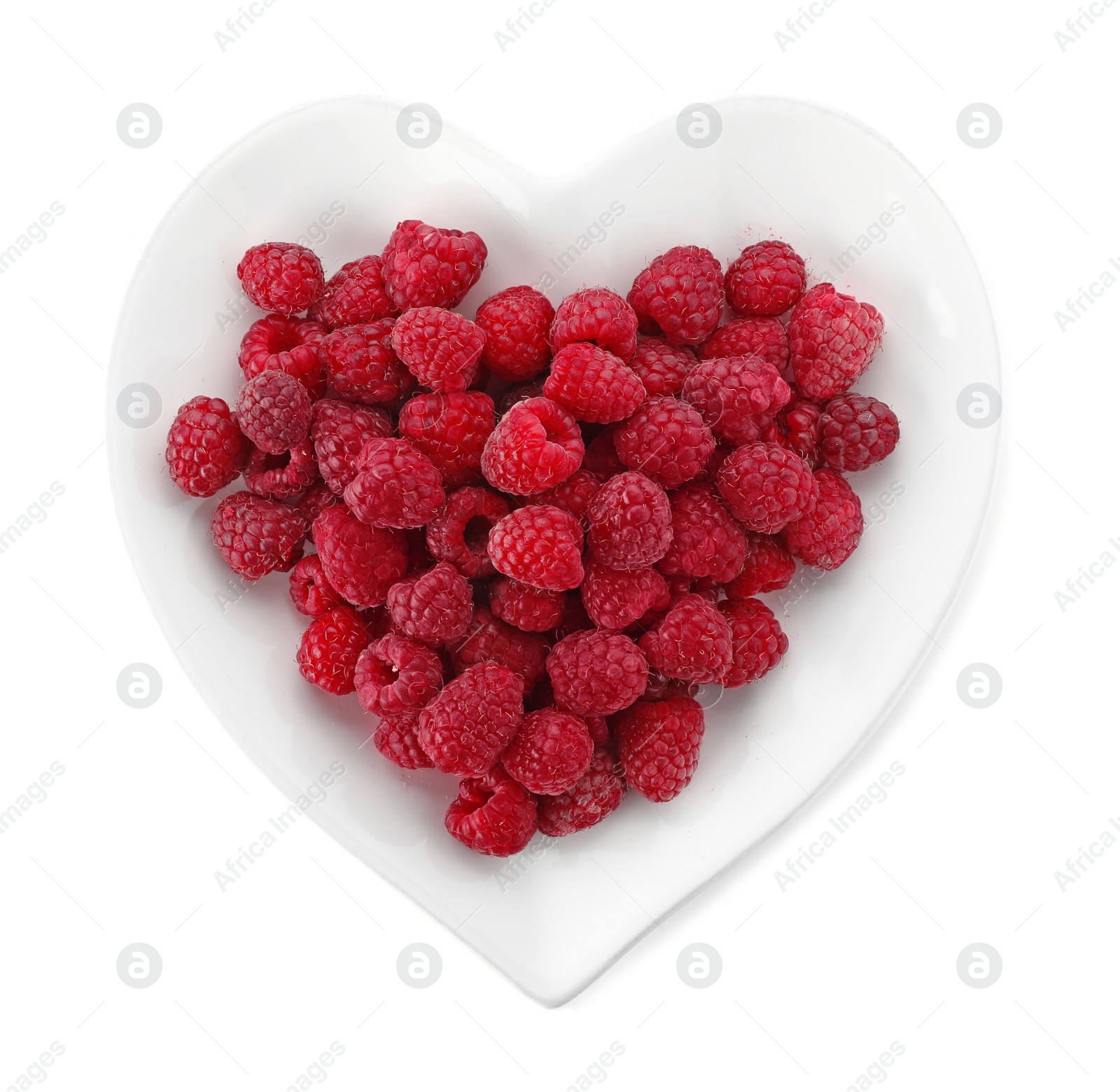 Photo of Plate with ripe raspberries on white background, top view