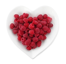 Plate with ripe raspberries on white background, top view