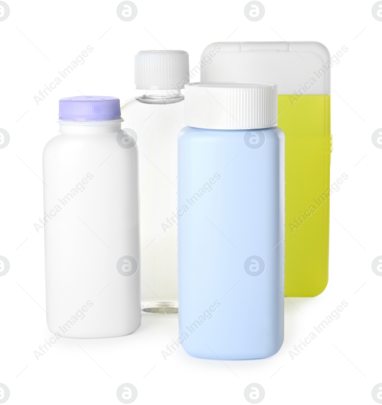 Photo of Bottles of baby cosmetic products on white background