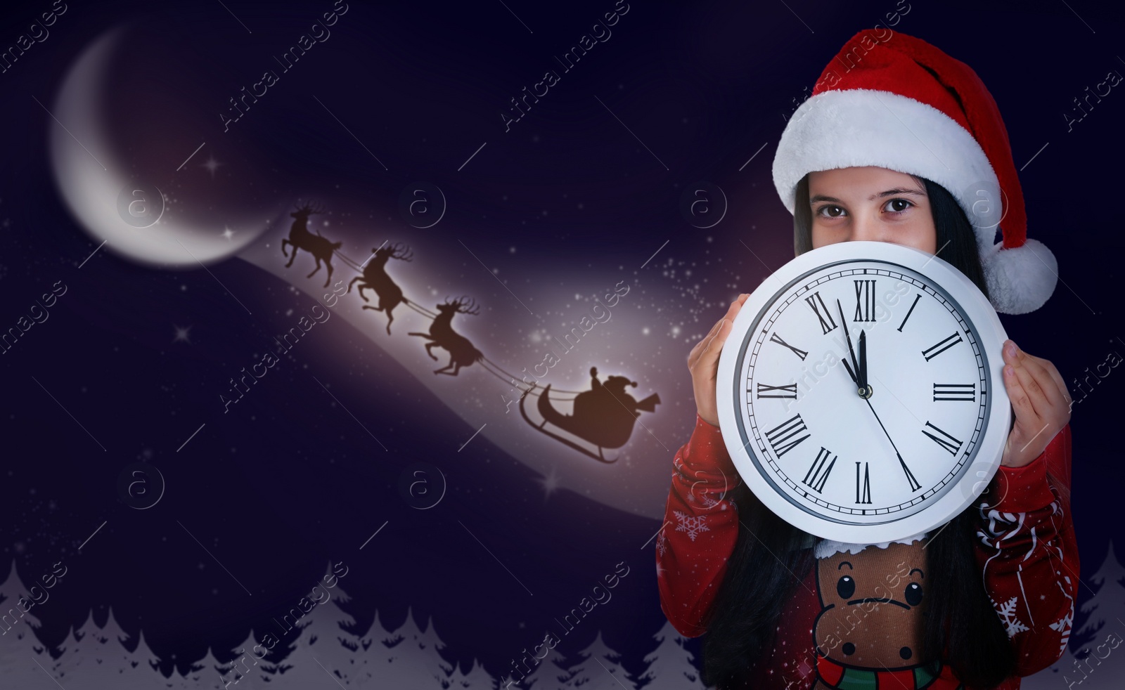 Image of Cute little child and Santa Claus flying in his sleigh against moon sky on background