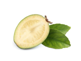 Cut feijoa with leaves on white background