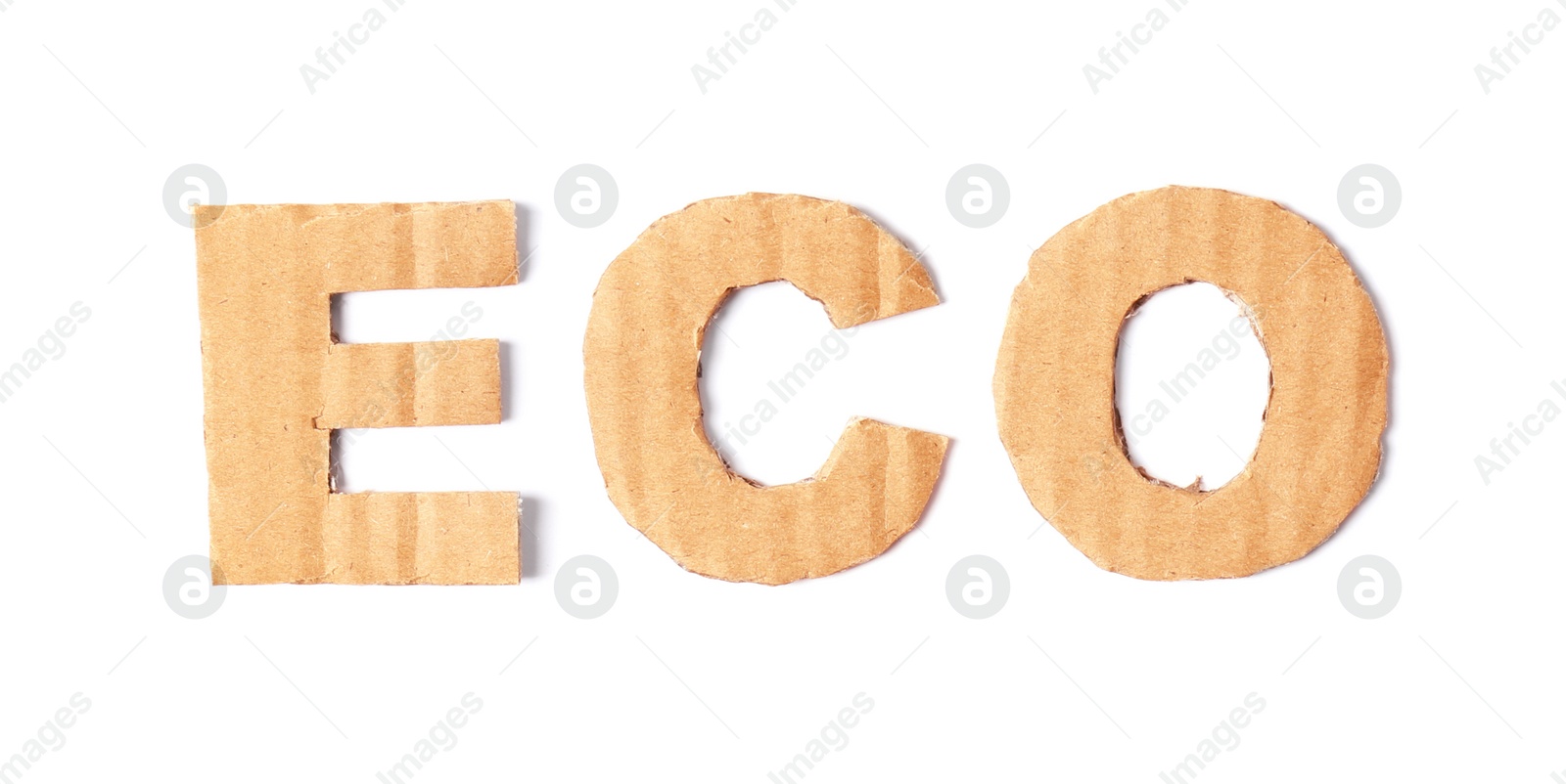 Photo of Word "Eco" made of cardboard letters on white background