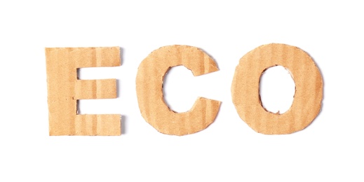 Photo of Word "Eco" made of cardboard letters on white background