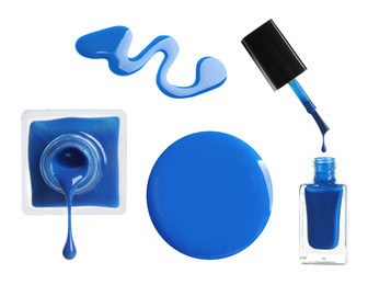 Image of Collage of blue nail polish on white background