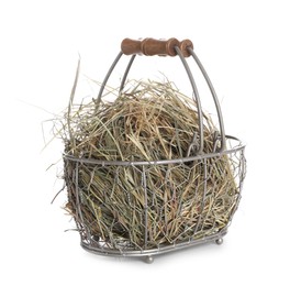 Photo of Dried hay in metal basket isolated on white