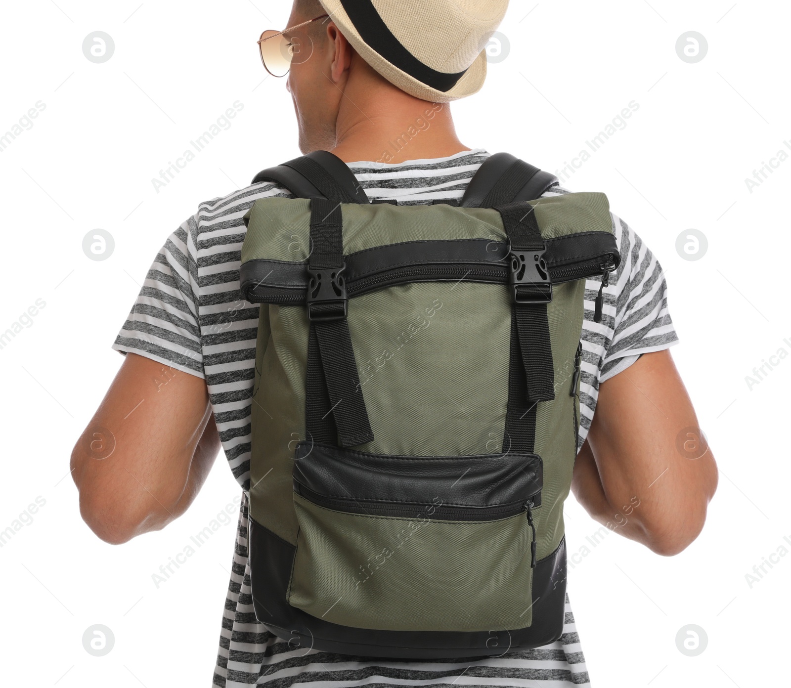 Photo of Man with hat and backpack on white background, back view. Summer travel