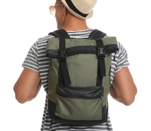 Photo of Man with hat and backpack on white background, back view. Summer travel