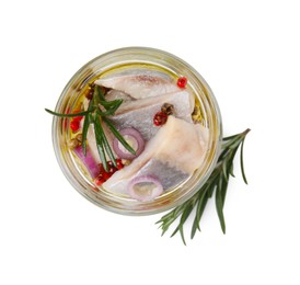 Photo of Tasty marinated fish with onion and rosemary in jar isolated on white, top view