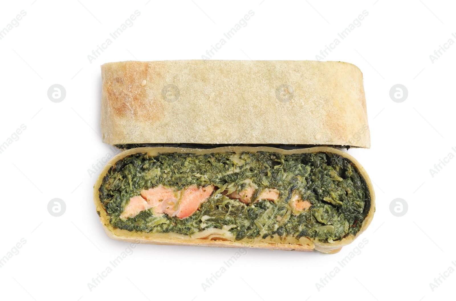 Photo of Pieces of delicious strudel with salmon and spinach isolated on white, top view