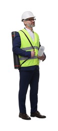 Photo of Architect in hard hat holding draft on white background