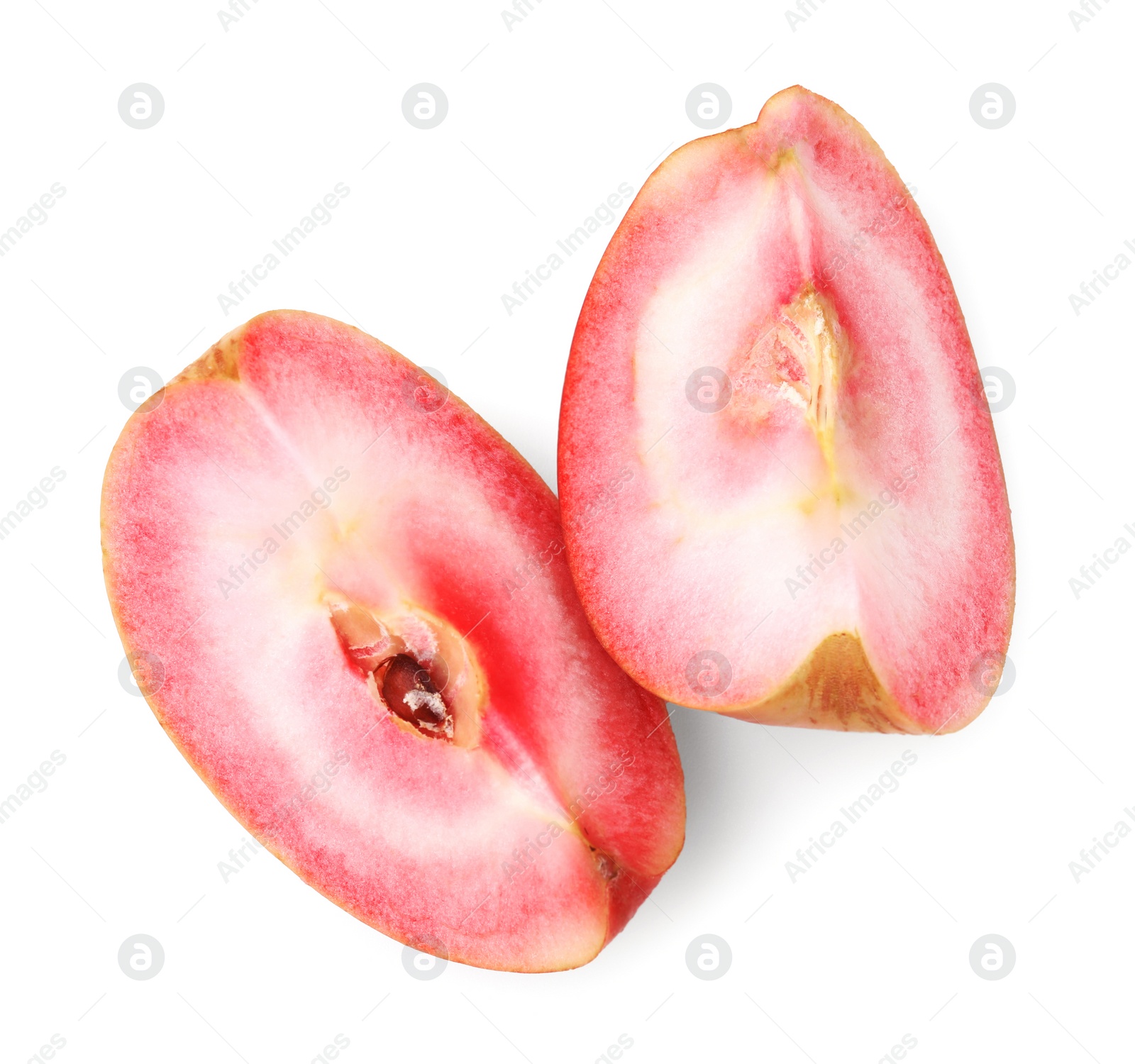 Photo of Slices of tasty apple with red pulp isolated on white, top view