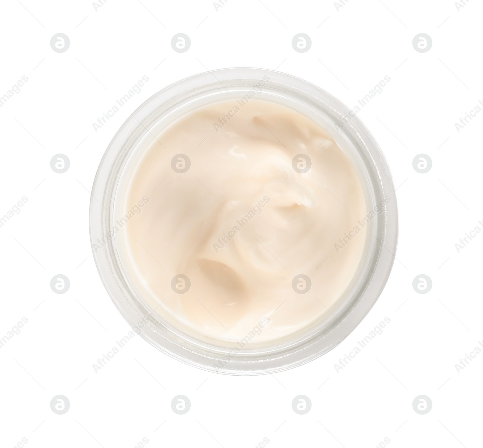 Photo of Mayonnaise in glass jar isolated on white, top view