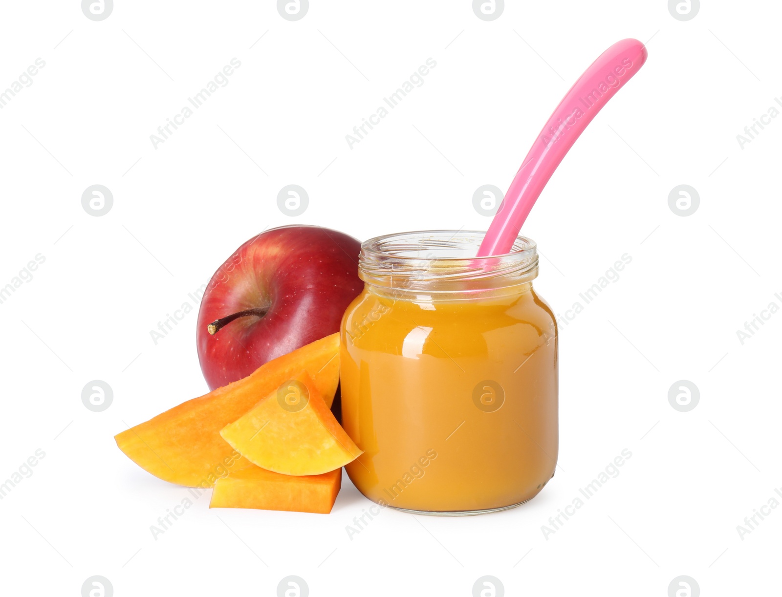 Photo of Tasty baby food in jar, fresh pumpkin and apple isolated on white