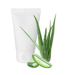 Image of Moisturizing cream with extract of aloe vera. Tube with cosmetic product and green aloe leaves on white background