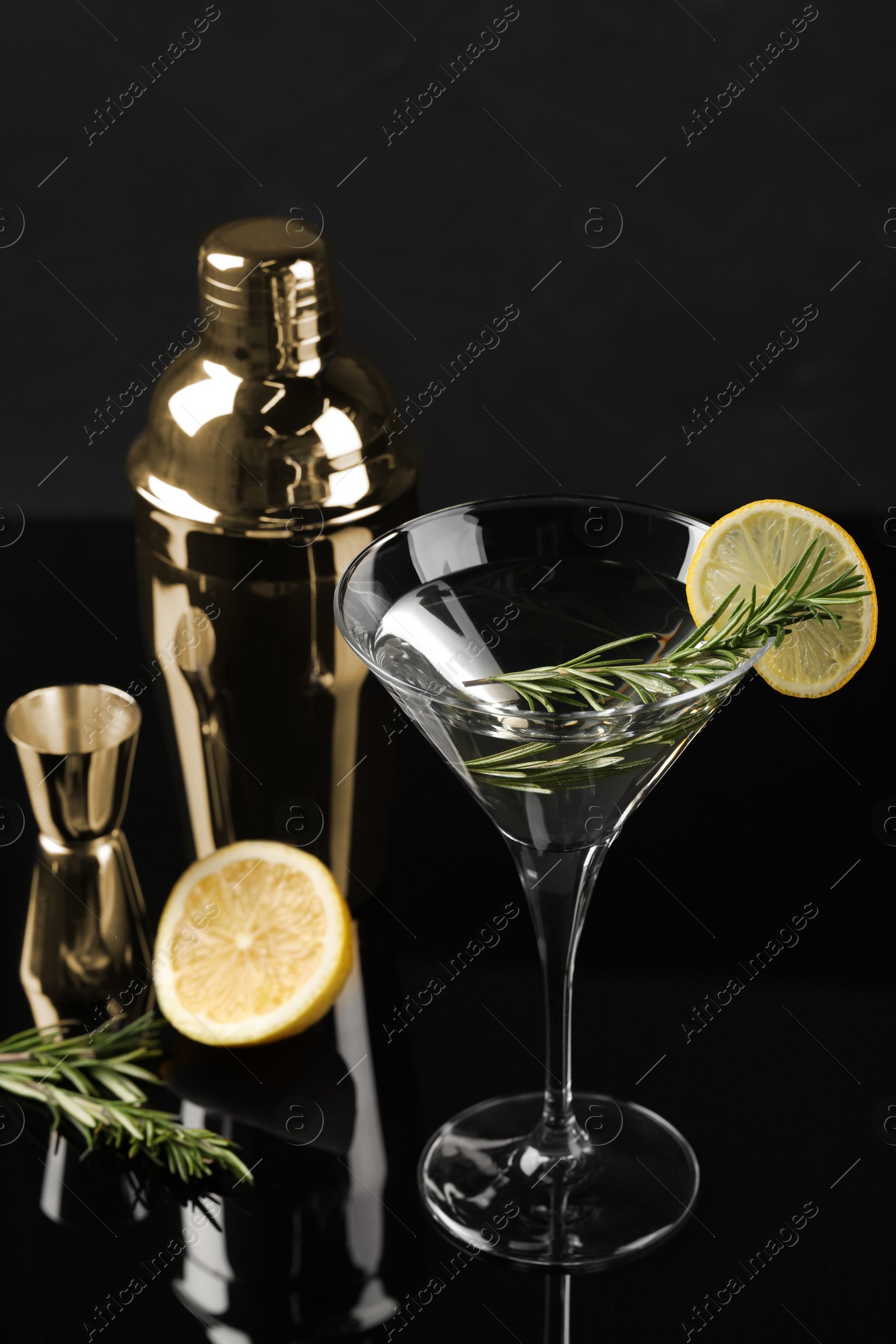 Photo of Martini cocktail with lemon slice, rosemary, shaker and fresh fruit on black background