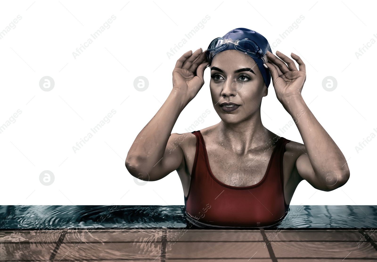 Image of Young athletic woman in swimming pool against white background