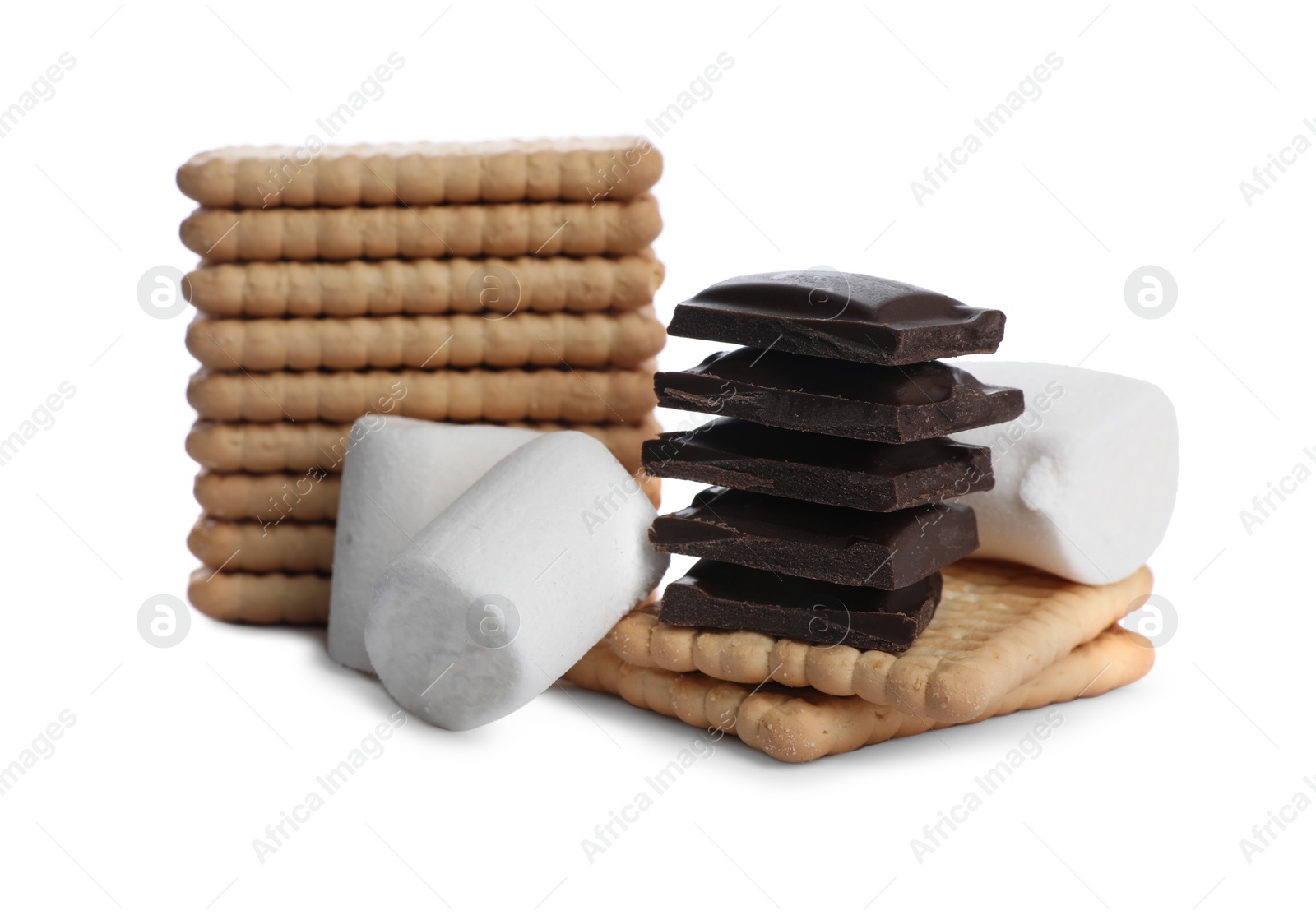 Photo of Delicious crackers, marshmallow and chocolate pieces isolated on white. Cooking sweet sandwiches