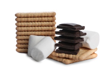 Photo of Delicious crackers, marshmallow and chocolate pieces isolated on white. Cooking sweet sandwiches