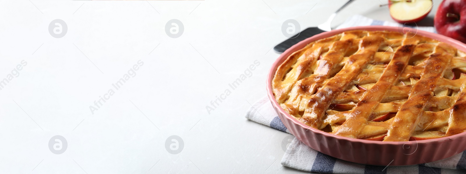 Image of Traditional apple pie on light table, space for text. Banner design