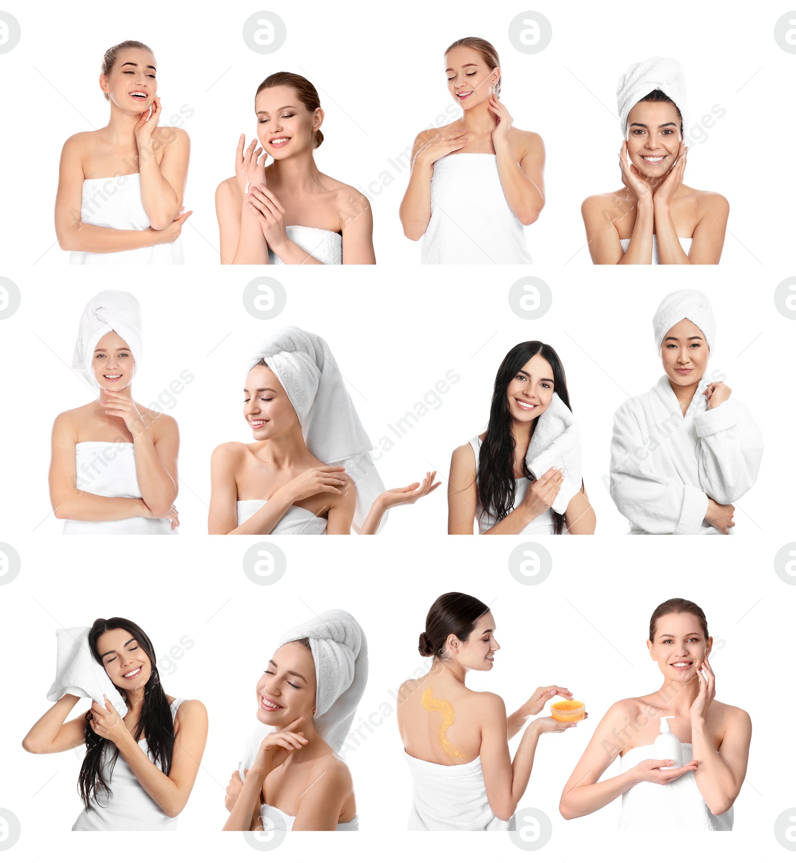 Image of Beautiful women with towels on white background, collage