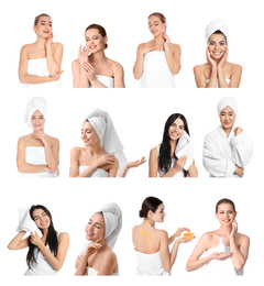 Beautiful women with towels on white background, collage