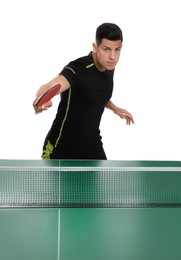 Photo of Handsome man playing ping pong on white background