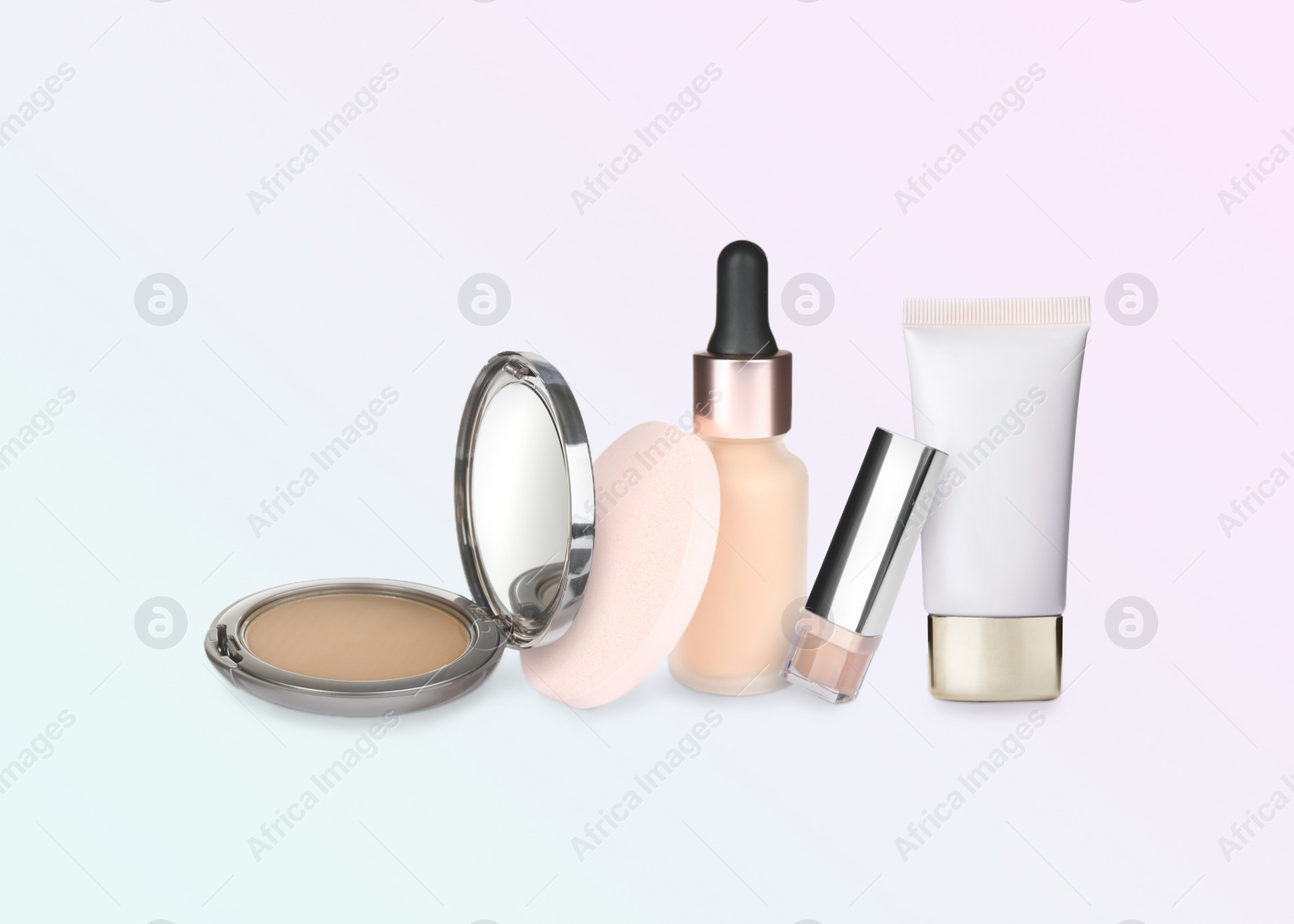 Image of Set with different decorative cosmetics on white background. Luxurious makeup products