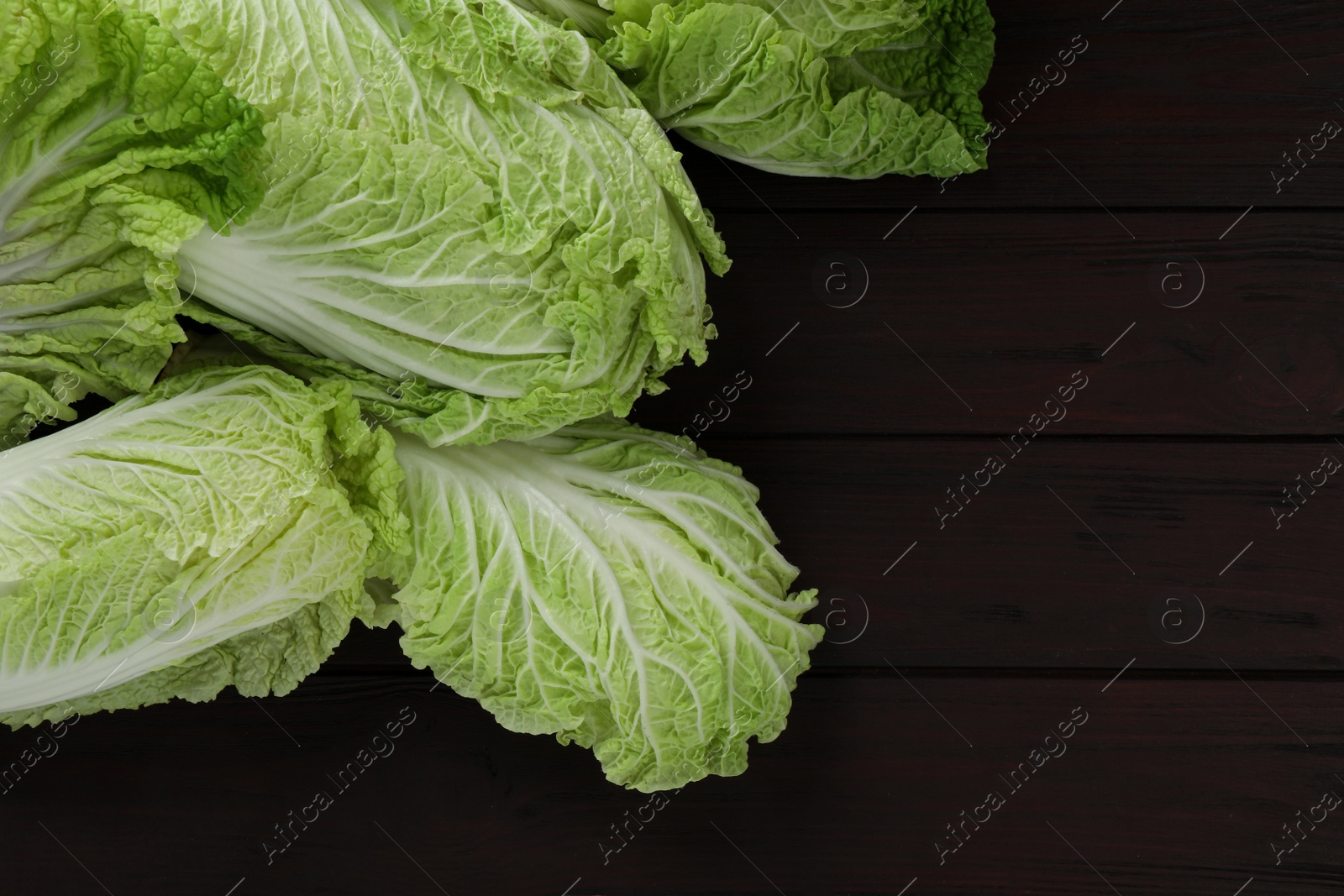 Photo of Fresh ripe Chinese cabbages on dark wooden table, fat lay. Space for text