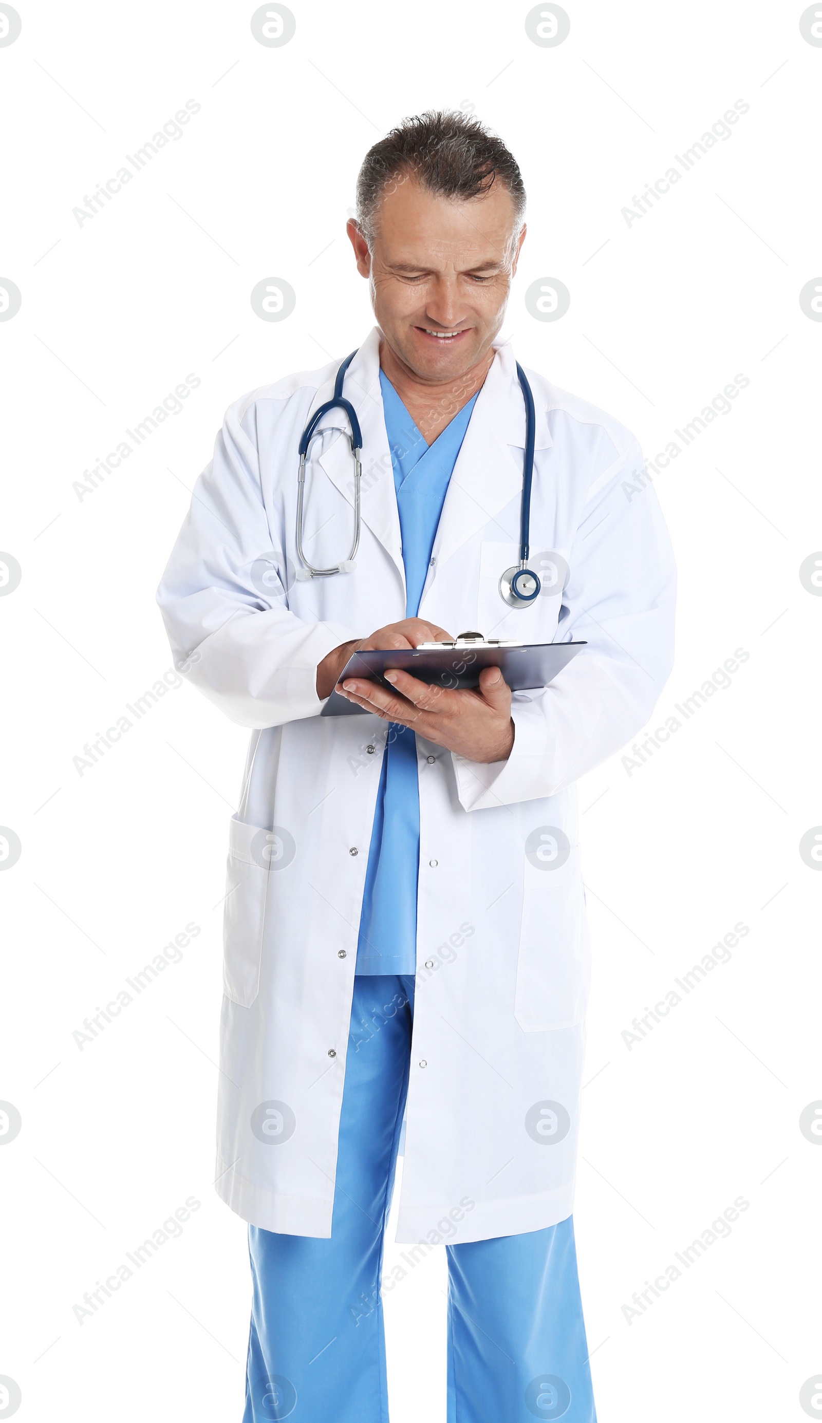 Photo of Portrait of experienced doctor in uniform on white background. Medical service